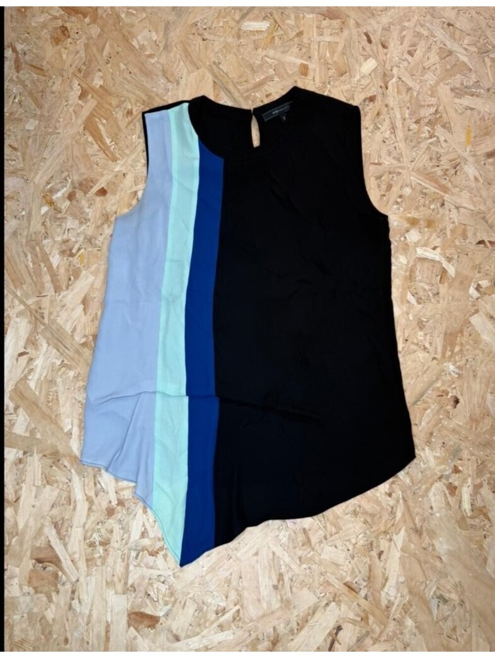 BCBGMAXAZRIA Womens Top Small Black Blue Colorblock Sleeveless Asymmetric Blouse